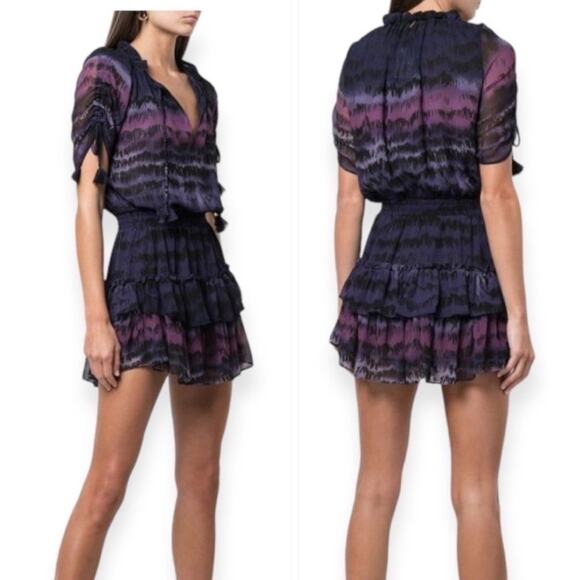 Misa Los Angeles Becca Purple‎ Tie Dye Short Sleeve Tassel Tie Mini Dress Sz XS - Picture 1 of 16